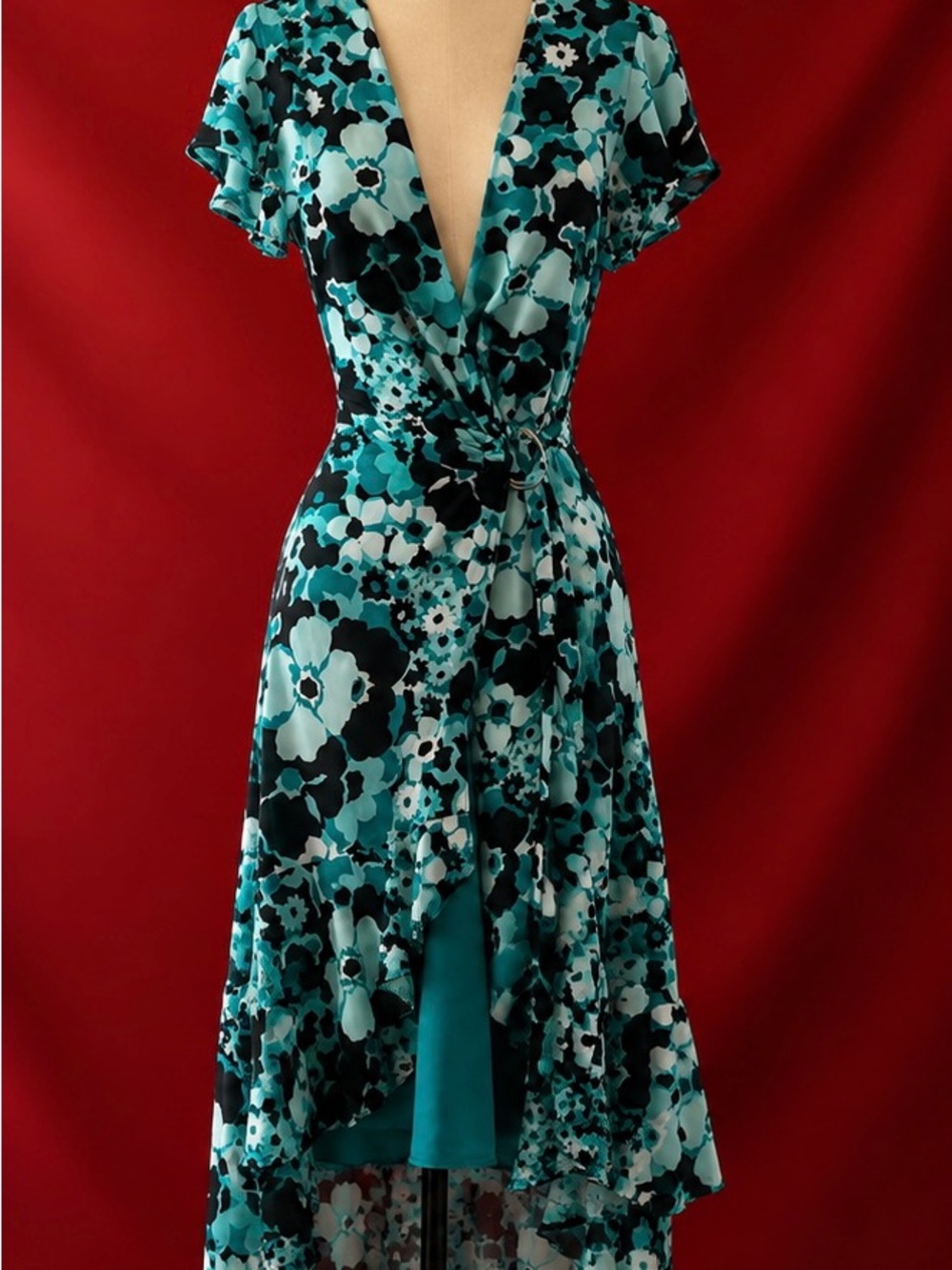 MICHAEL Michael Kors Teal and Black Floral High-Low Wrap Dress